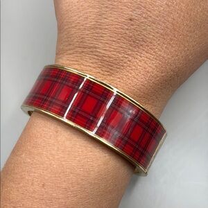 Vintage Gold Tone Red Tartan Plaid Large Cuff Bangle Statement Bracelet